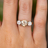 A close-up of a hand wearing an Antique, Edwardian brown diamond three-stone engagement ring in yellow gold, set against a blurred green background.