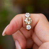 A close-up of a hand wearing an Antique, Edwardian brown diamond three-stone engagement ring in yellow gold with platinum claws. set against a blurred green and brown natural background.