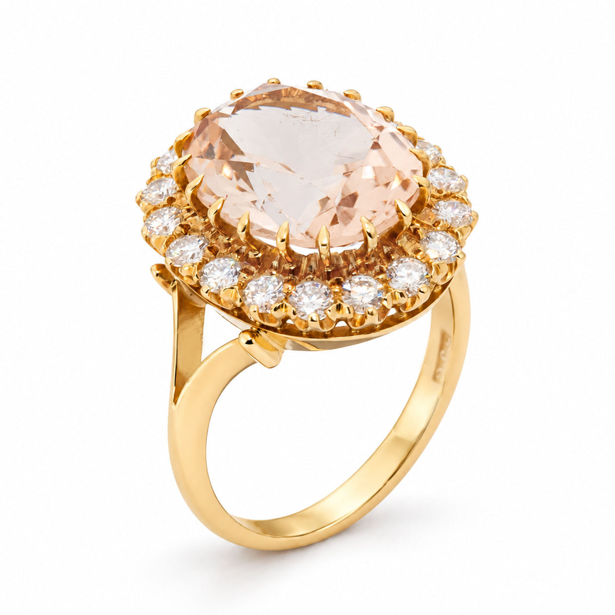 Raised studio view of the vintage topaz ring, revealing its oval centre stone, diamond surround and polished yellow gold band.