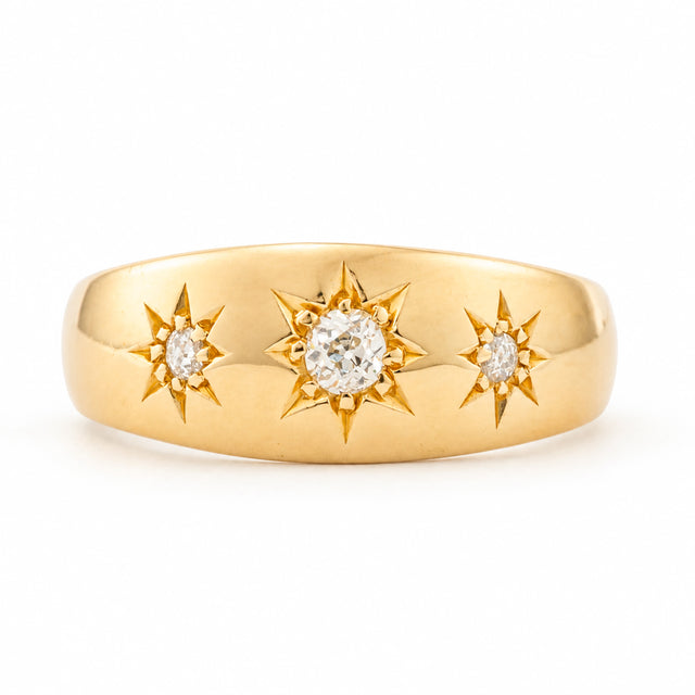 An Antique, Edwardian diamond three-stone gypsy ring yellow gold on a white background