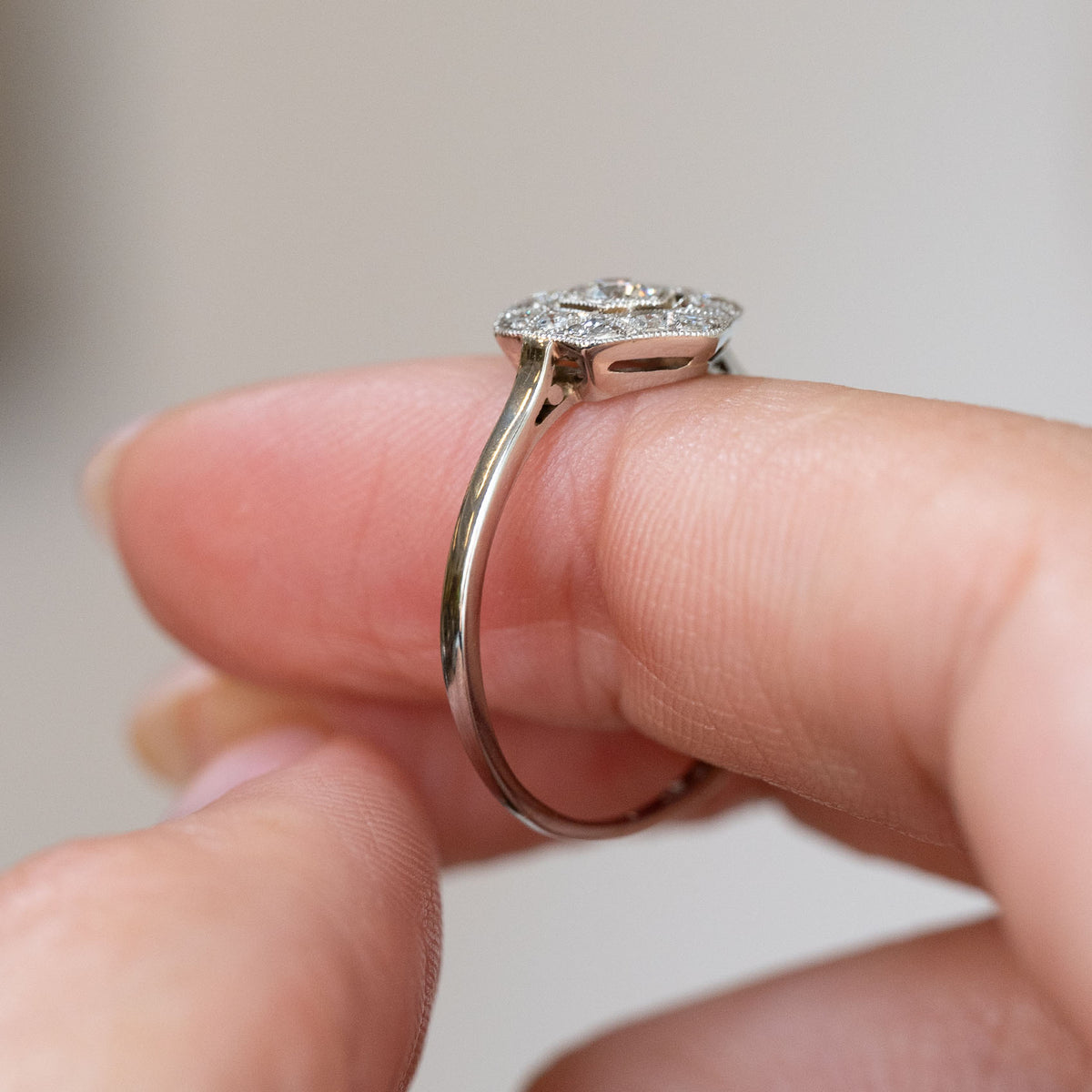 Profile of the white gold and platinum ring, revealing its low open gallery and finely constructed cluster setting.