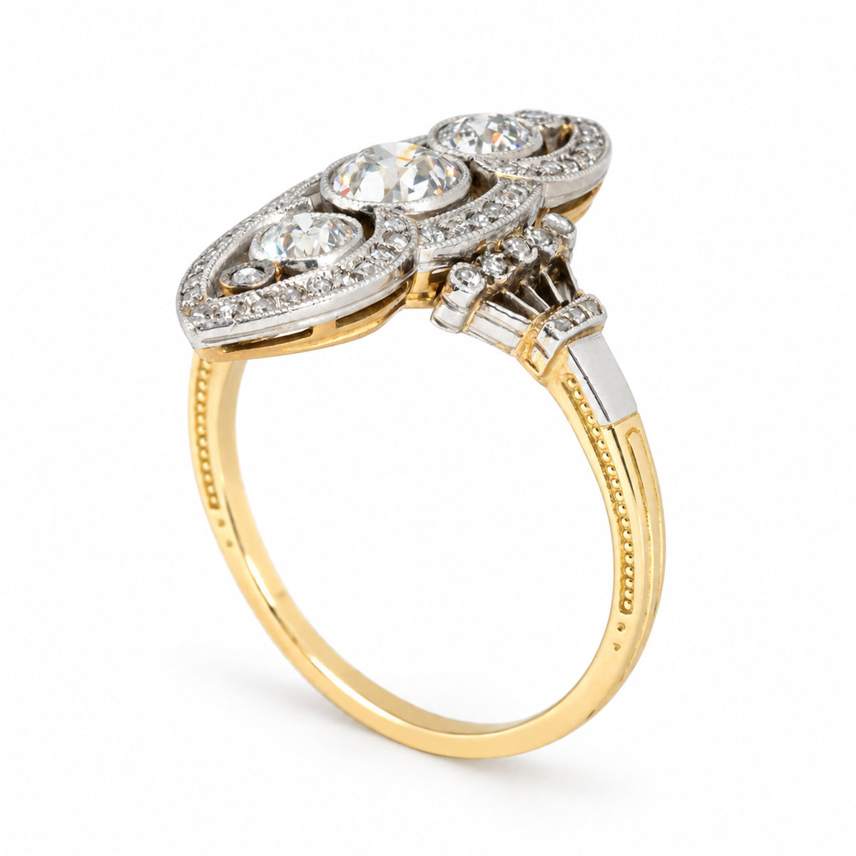 Angled studio view showcasing the intricate openwork setting, raised diamond arrangement and contrasting platinum and yellow gold band.