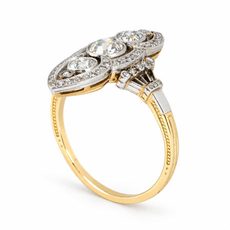 Angled studio view showcasing the intricate openwork setting, raised diamond arrangement and contrasting platinum and yellow gold band.