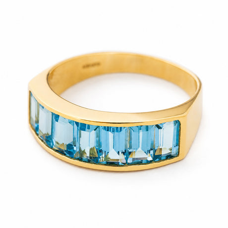A side profile of a vintage 1980s Swiss blue topaz half eternity ring set in yellow gold.