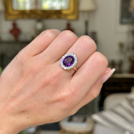 Antique, Edwardian, Amethyst and Diamond Cluster Ring, 18ct Yellow Gold