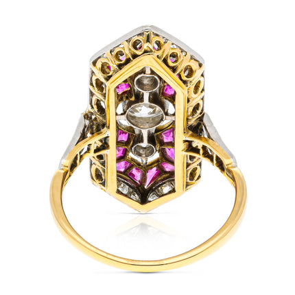 Antique, Art Deco Ruby and Diamond Panel Ring, 18ct Yellow Gold