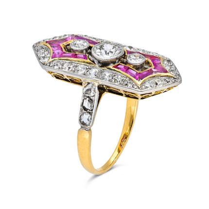 Antique, Art Deco Ruby and Diamond Panel Ring, 18ct Yellow Gold