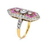 Antique ruby and diamond ring, side view.