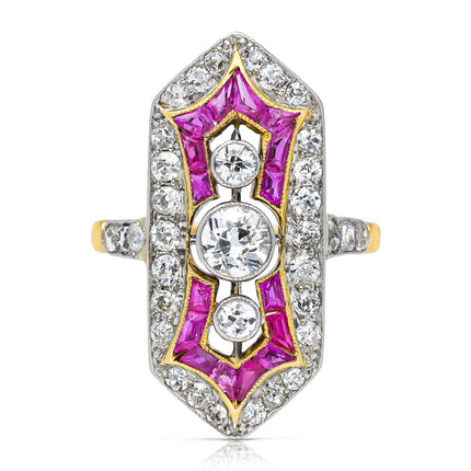 Antique, Art Deco Ruby and Diamond Panel Ring, 18ct Yellow Gold