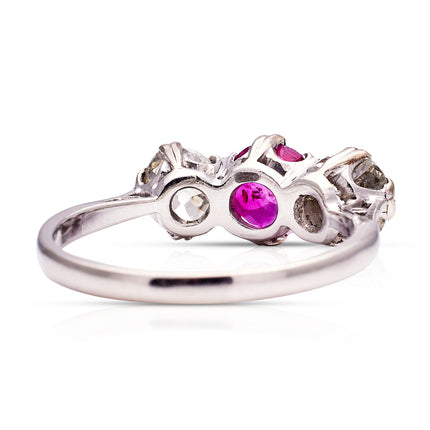 Art Deco, Burmese Ruby and Diamond Three Stone Engagement Ring, 18ct White Gold, Platinum