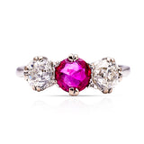 Art Deco, Ruby and Diamond Three Stone Engagement Ring, Platinum