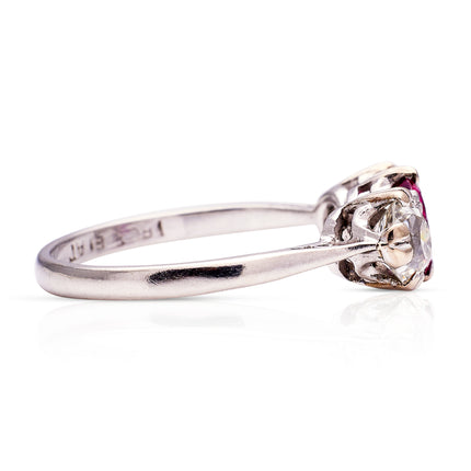 Art Deco, Burmese Ruby and Diamond Three Stone Engagement Ring, 18ct White Gold, Platinum