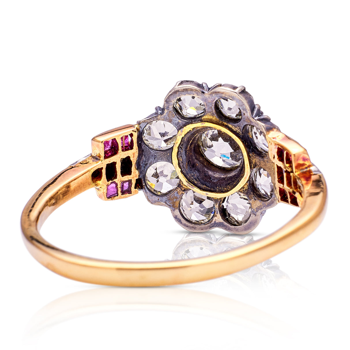 Antique, early Victorian diamond & ruby cluster ring, 15ct yellow gold ...