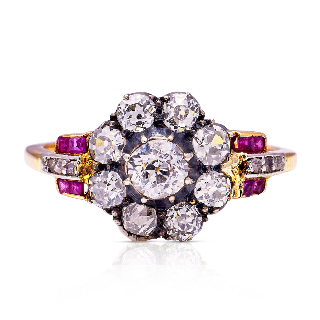 Antique, early Victorian diamond & ruby cluster ring, 15ct yellow gold ...