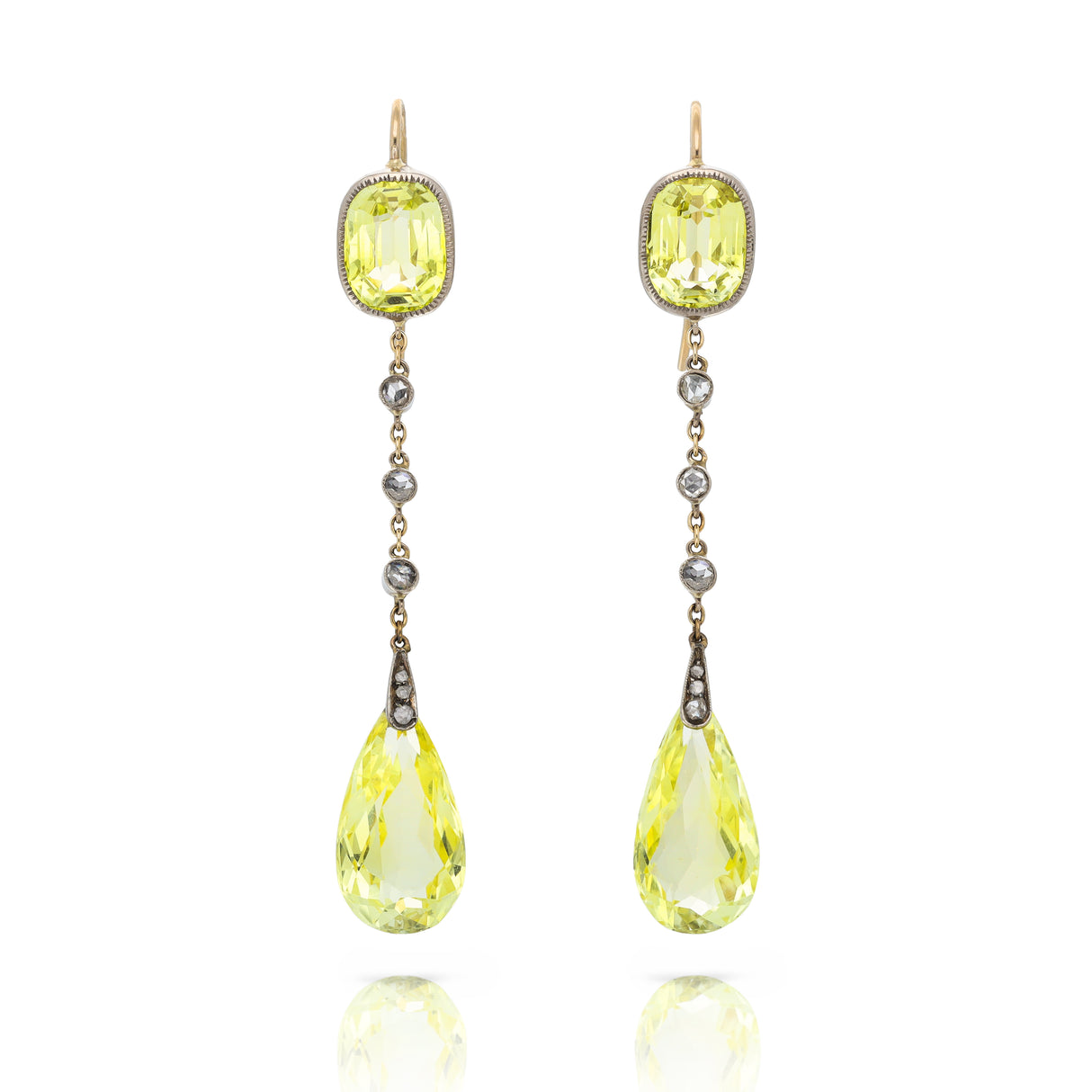 Art Deco | Stunning, Diamond and Synthetic Chartreuse-Sapphire Earrings