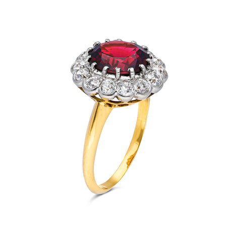 Edwardian garnet and diamond cluster ring, side view. 