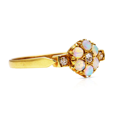 Antique, Victorian, Opal and Diamond Flower Ring, 18ct Yellow Gold