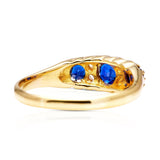 Antique, Victorian sapphire and diamond three-stone ring, 18ct yellow gold