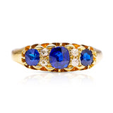 Antique, Victorian sapphire and diamond three-stone ring, 18ct yellow gold