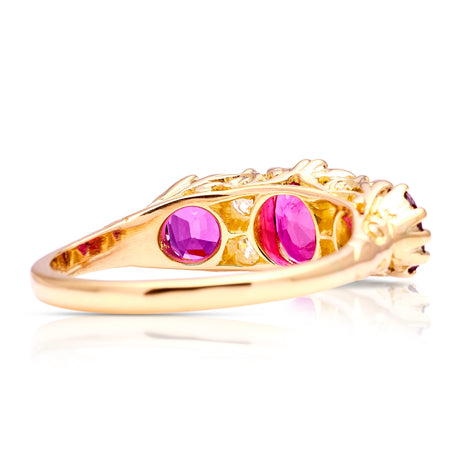 Antique, Victorian ruby & diamond three-stone half-hoop, 18ct yellow gold back