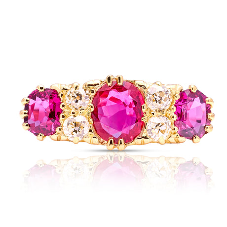 Antique, Victorian ruby & diamond three-stone half-hoop, 18ct yellow gold front
