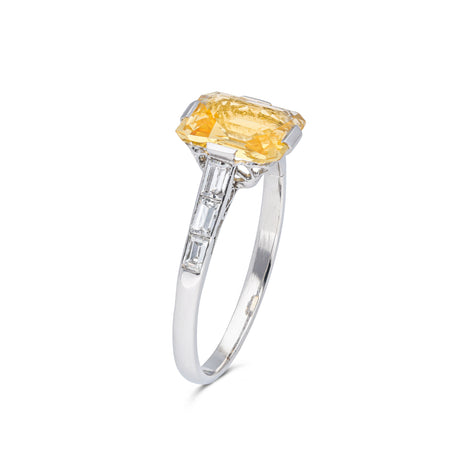 Edwardian, Yellow-Peach Sapphire and Baguette Diamond Engagement Ring, Platinum