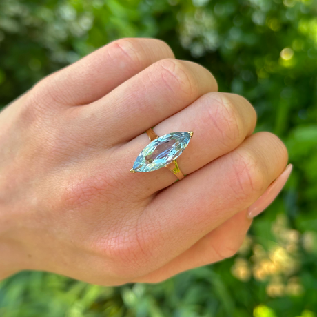 Antique Marquise-cut Aquamarine Ring, 18ct Yellow Gold worn on hand. 