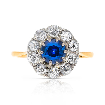 Antique Sapphire and Diamond Daisy Cluster Ring, 9ct Yellow Gold, Platinum