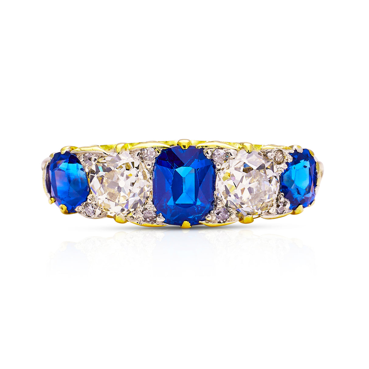 Antique Sapphire and Diamond Five Stone Ring, 18ct Yellow Gold