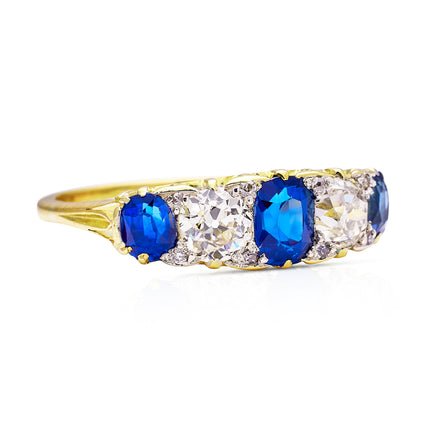 Antique Sapphire and Diamond Five Stone Ring, 18ct Yellow Gold