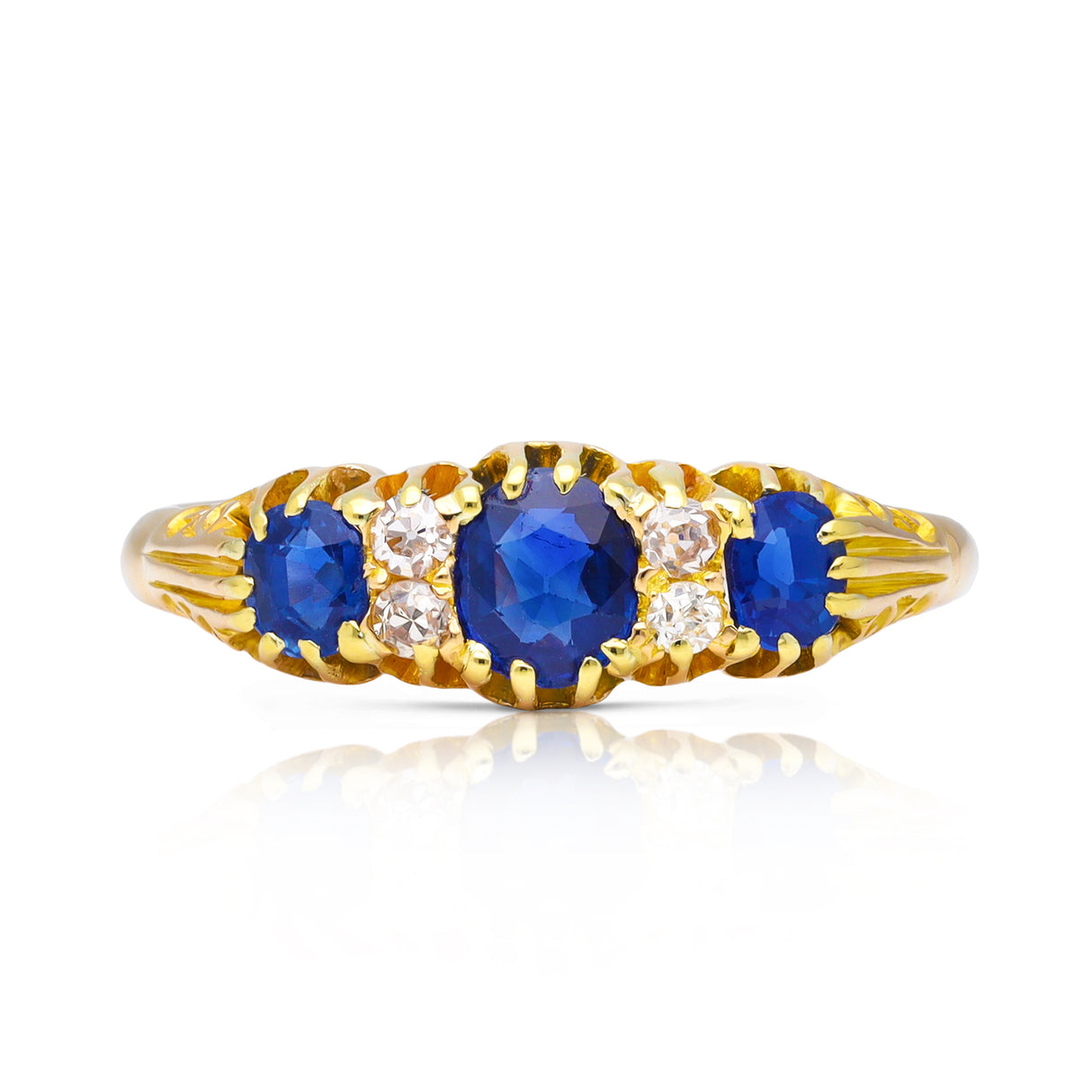 Antique Sapphire and Diamond Half Hoop Engagement Ring, 18ct Yellow Gold