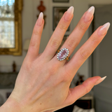 Antique, Belle Époque Pink Topaz and Diamond Cluster Ring, 18ct Yellow Gold worn on hand.