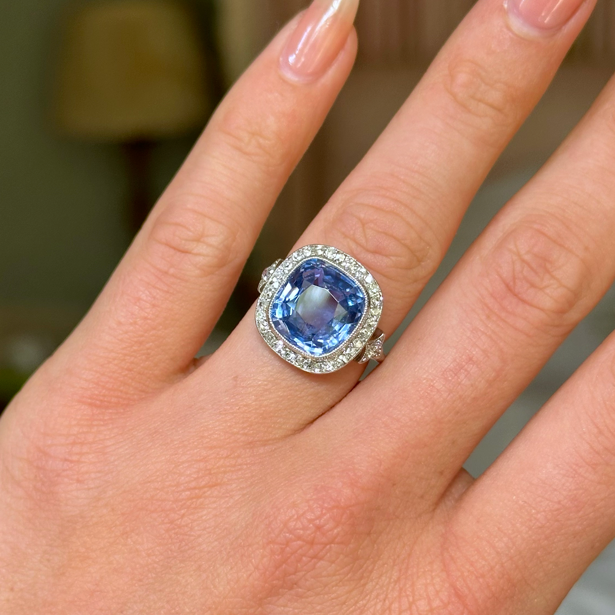 Antique, Belle Époque Sapphire and Diamond Cluster Ring, 18ct White Gold worn on hand. \