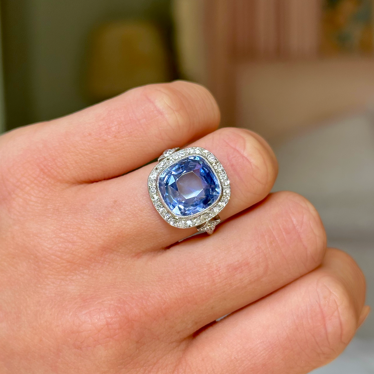 Antique, Belle Époque Sapphire and Diamond Cluster Ring, 18ct White Gold worn on closed hand.