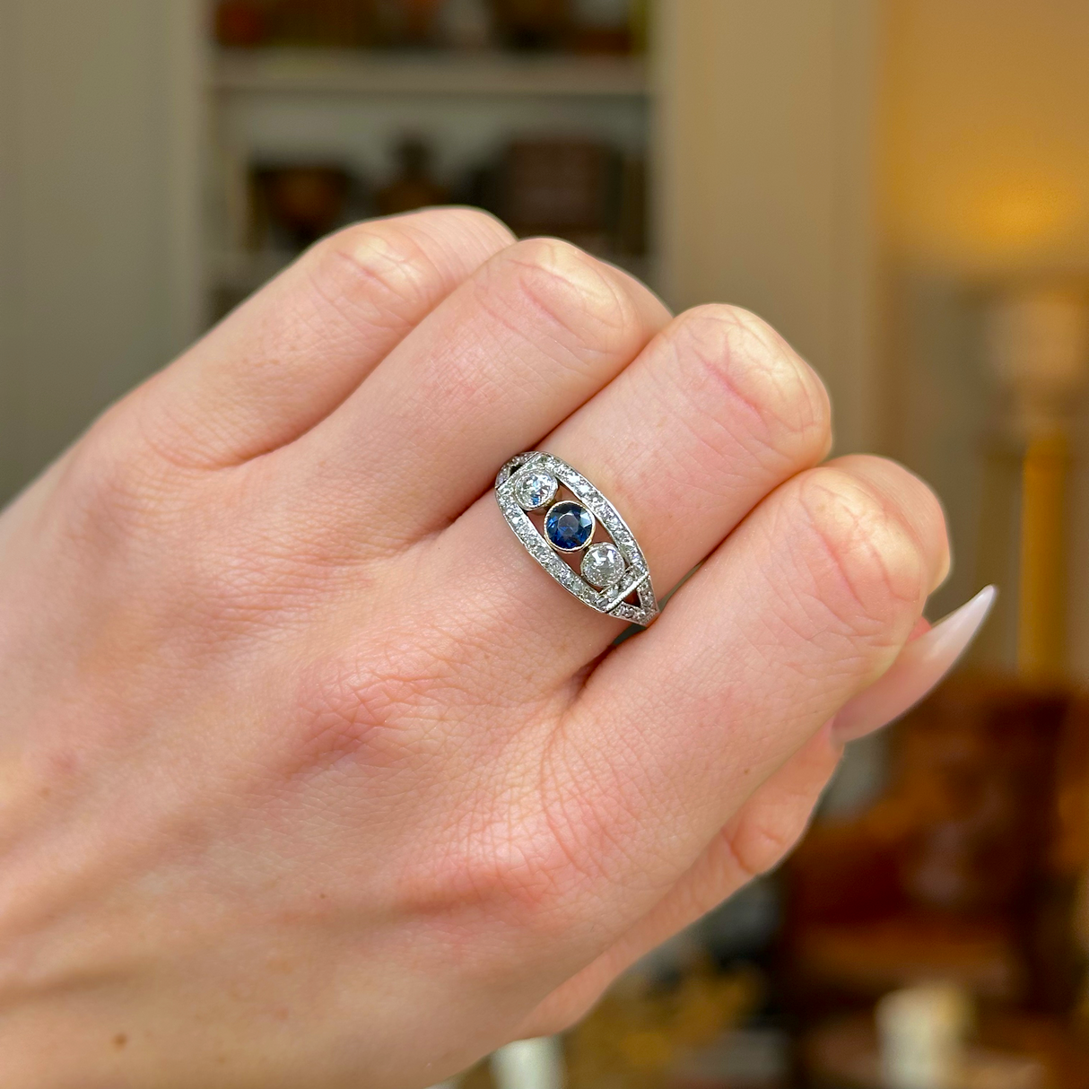 Antique, Belle Époque Sapphire and Diamond Three Stone Ring, 18ct Yellow Gold and Platinum worn on hand.