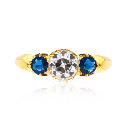 Antique, Central White Sapphire and Blue Sapphire Three Stone Ring, 18ct Yellow Gold