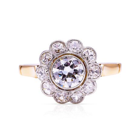 antique diamond cluster engagement ring, front view.