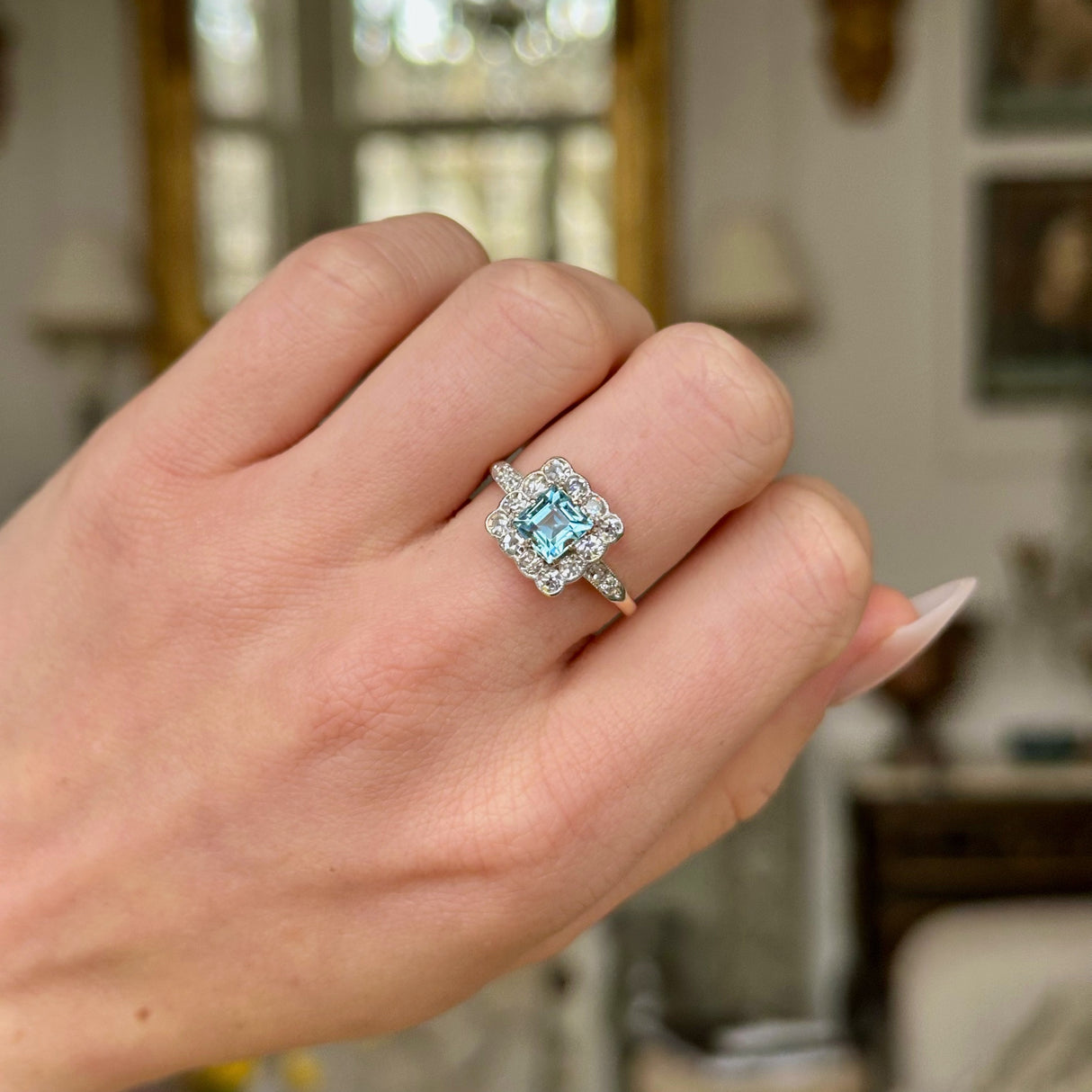 Antique, Edwardian Aquamarine and Diamond Square Cluster Ring, worn on closed hand.