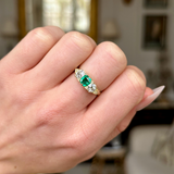 Antique, Edwardian Emerald and Diamond Three Stone Ring, 18ct Yellow Gold, worn on closed hand.