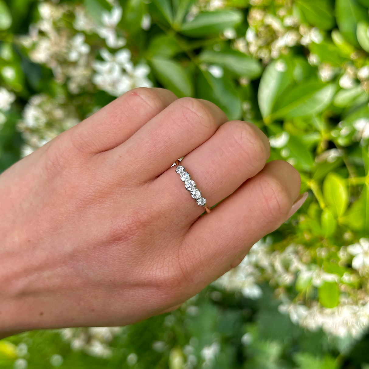 Antique, Edwardian Five-Stone Diamond Ring, 18ct Yellow Gold worn on hand.  