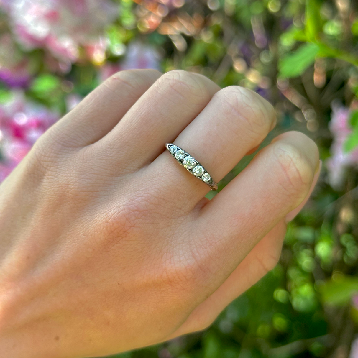 Antique, Edwardian Five-Stone Diamond Ring, 18ct Yellow Gold and Platinum worn on hand.  