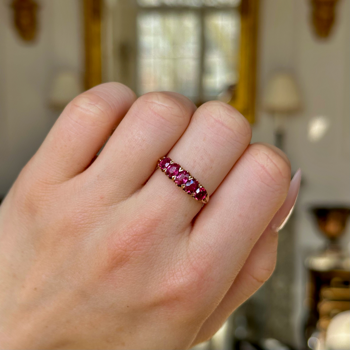 Antique, Edwardian Five Stone Ruby Ring, Yellow Gold, worn on hand.