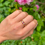 Antique, Edwardian Five Stone Ruby and Diamond Ring, 18ct Yellow Gold worn on hand.