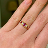 Antique, Edwardian Five Stone Ruby and Diamond Ring, 18ct Yellow Gold worn on hand.