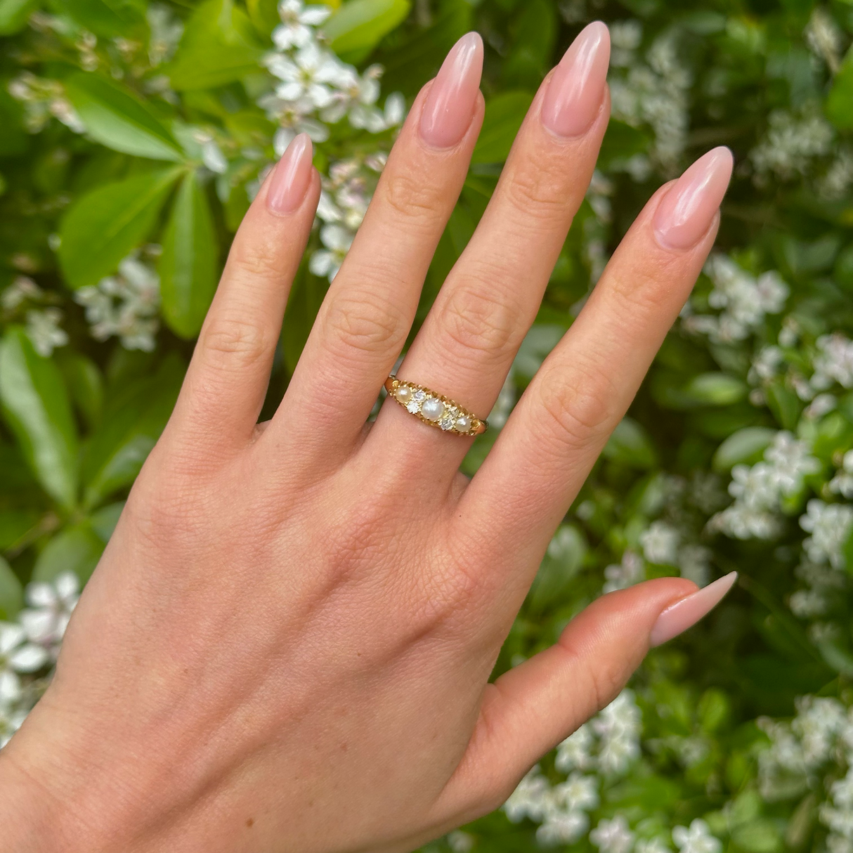 Antique, Edwardian Pearl and Diamond Half Hoop Ring, 18ct Yellow Gold