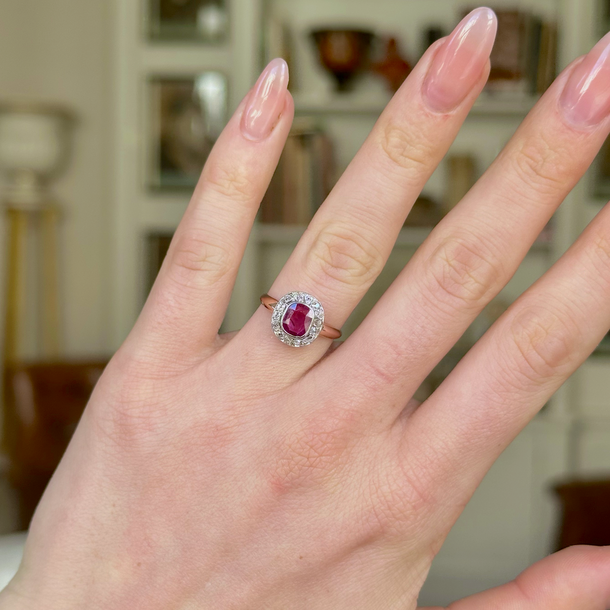 Antique, Edwardian Pink Sapphire and Diamond Cluster Ring, 18ct Yellow Gold and Platinum worn on hand.