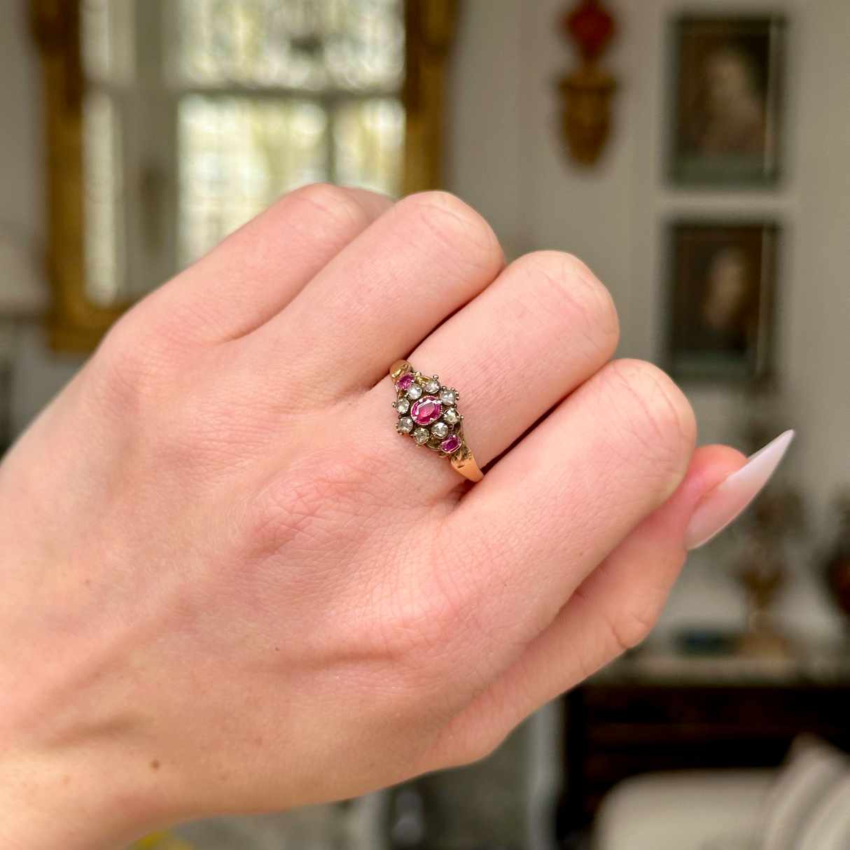 Antique, Edwardian Ruby and Diamond Cluster Ring, worn on closed hand.
