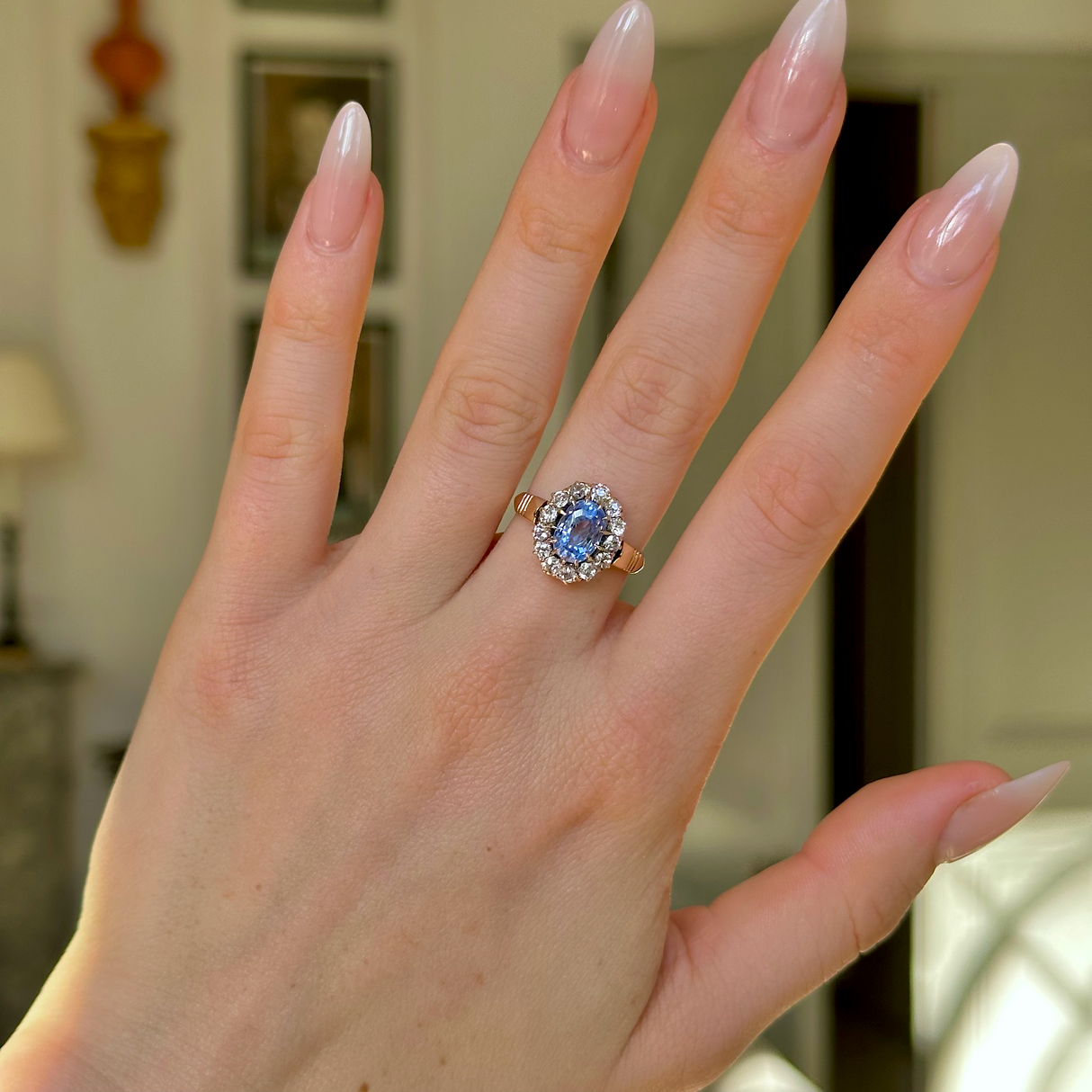 Antique, Edwardian Sapphire and Diamond Cluster Ring, 14ct Yellow Gold worn on hand. 