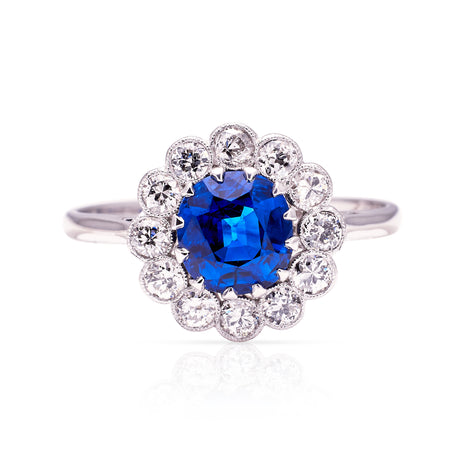 Antique, Edwardian Sapphire and Diamond Daisy Cluster Engagement Ring front view