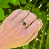 Antique, Edwardian Single-Stone Old Cut Teal Sapphire Ring, 18ct Rosy Yellow Gold worn on hand.